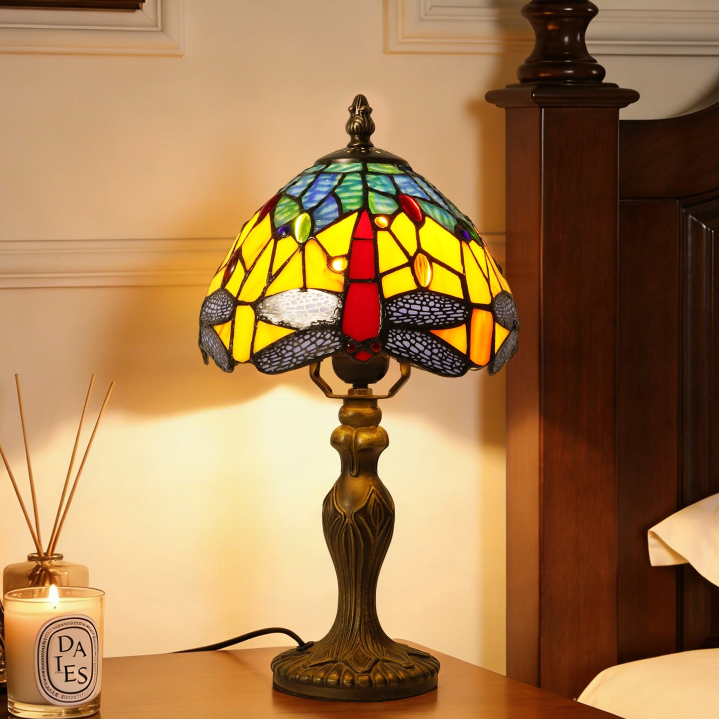 Vintage Tiffany Style Dragonfly Stained Glass Table Lamp - Yellow & Blue Art Glass Bedside Lamp with Bronze Base
