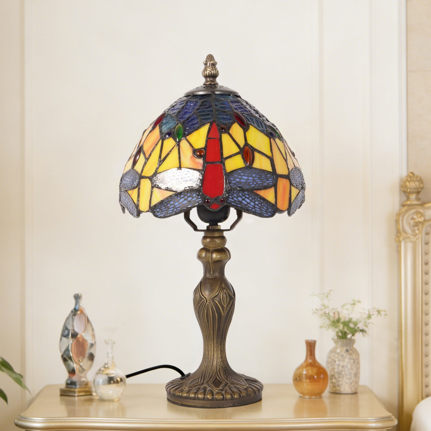 Vintage Tiffany Style Dragonfly Stained Glass Table Lamp - Yellow & Blue Art Glass Bedside Lamp with Bronze Base