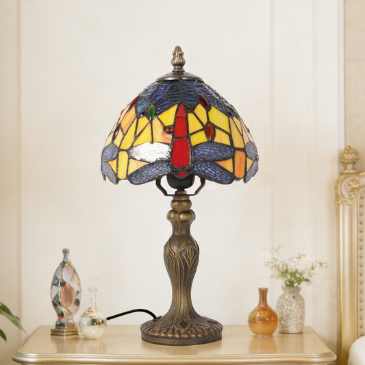 Vintage Tiffany Style Dragonfly Stained Glass Table Lamp - Yellow & Blue Art Glass Bedside Lamp with Bronze Base