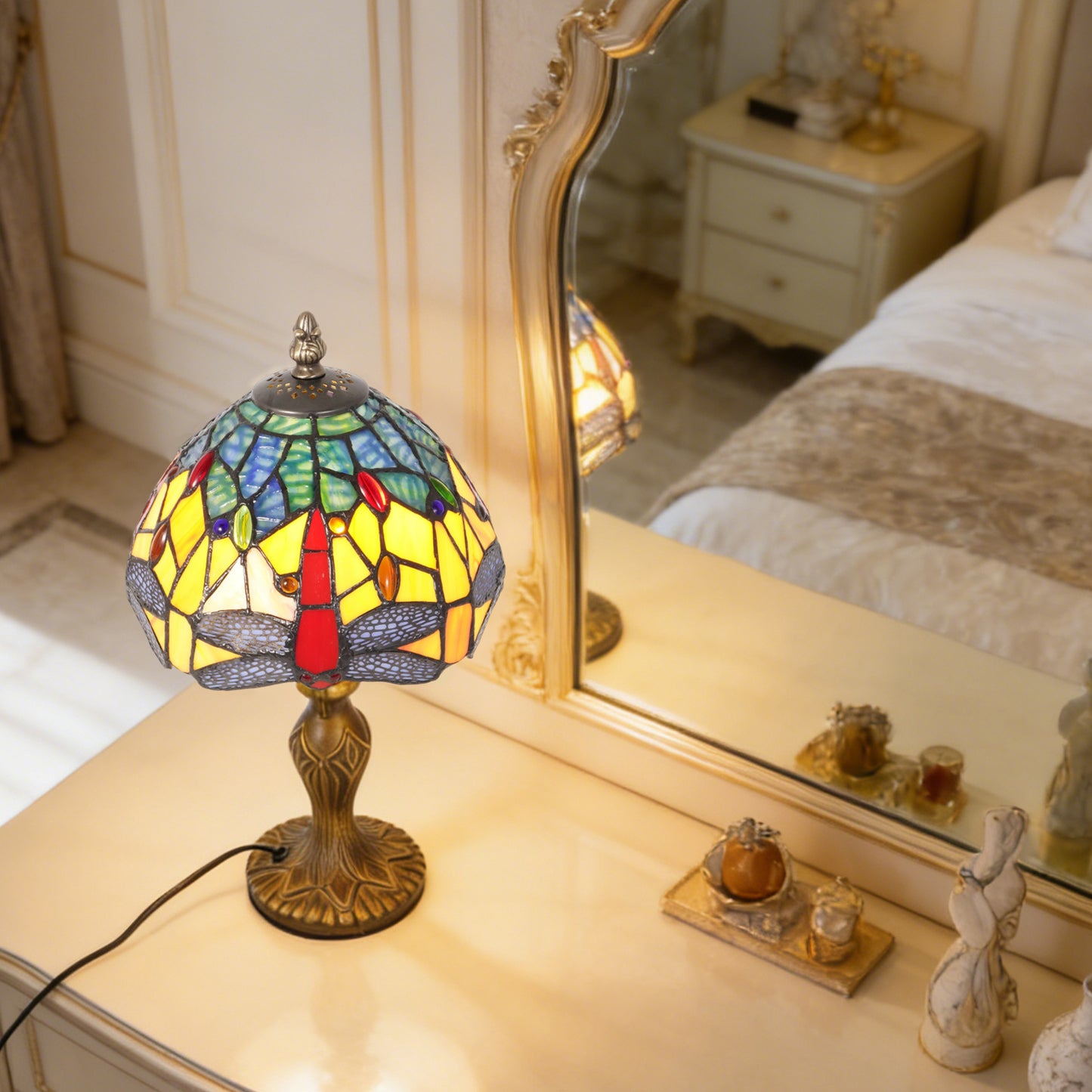 Vintage Tiffany Style Dragonfly Stained Glass Table Lamp - Yellow & Blue Art Glass Bedside Lamp with Bronze Base