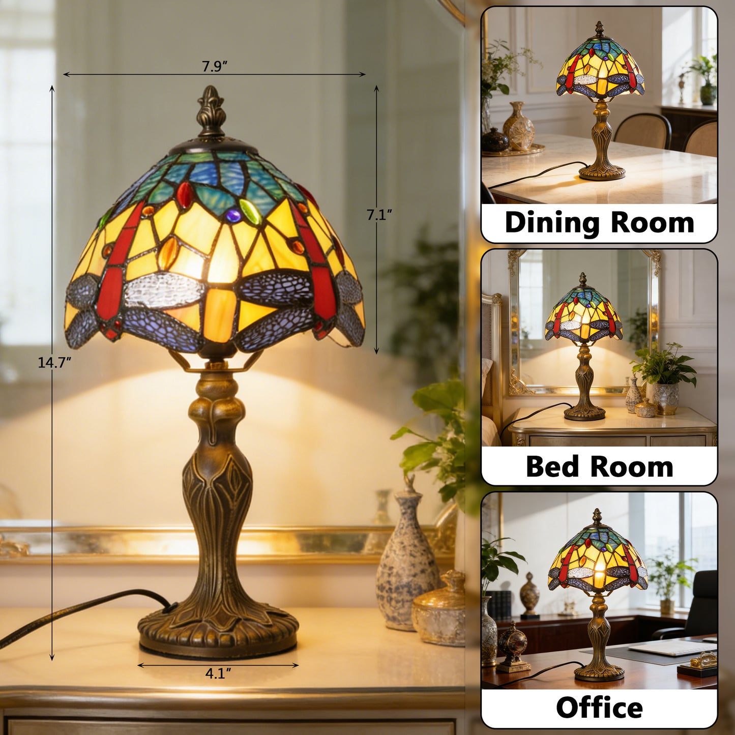 Vintage Tiffany Style Dragonfly Stained Glass Table Lamp - Yellow & Blue Art Glass Bedside Lamp with Bronze Base