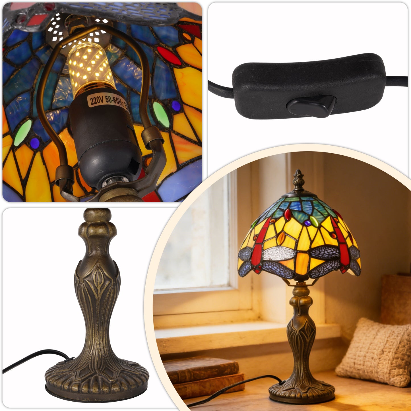 Vintage Tiffany Style Dragonfly Stained Glass Table Lamp - Yellow & Blue Art Glass Bedside Lamp with Bronze Base