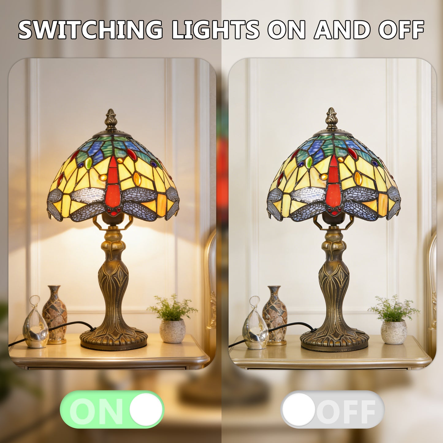 Vintage Tiffany Style Dragonfly Stained Glass Table Lamp - Yellow & Blue Art Glass Bedside Lamp with Bronze Base