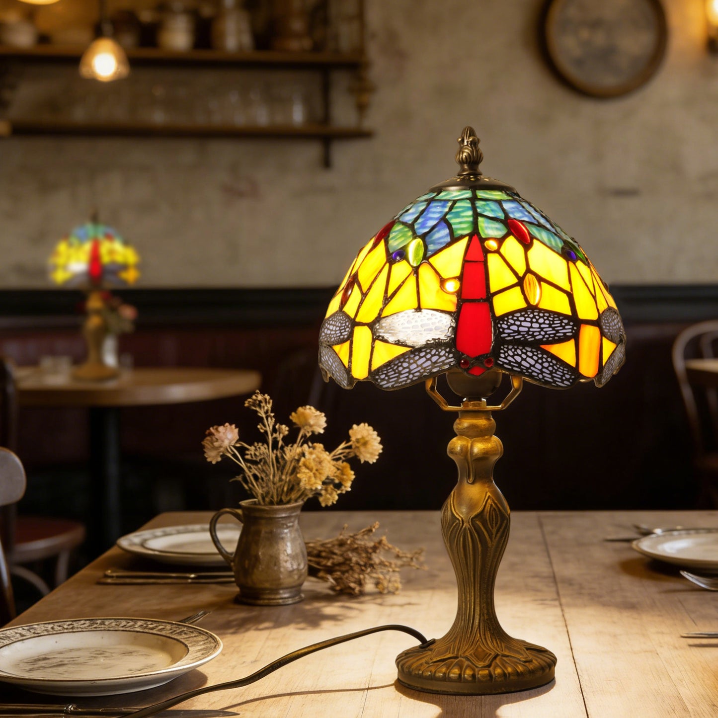 Vintage Tiffany Style Dragonfly Stained Glass Table Lamp - Yellow & Blue Art Glass Bedside Lamp with Bronze Base