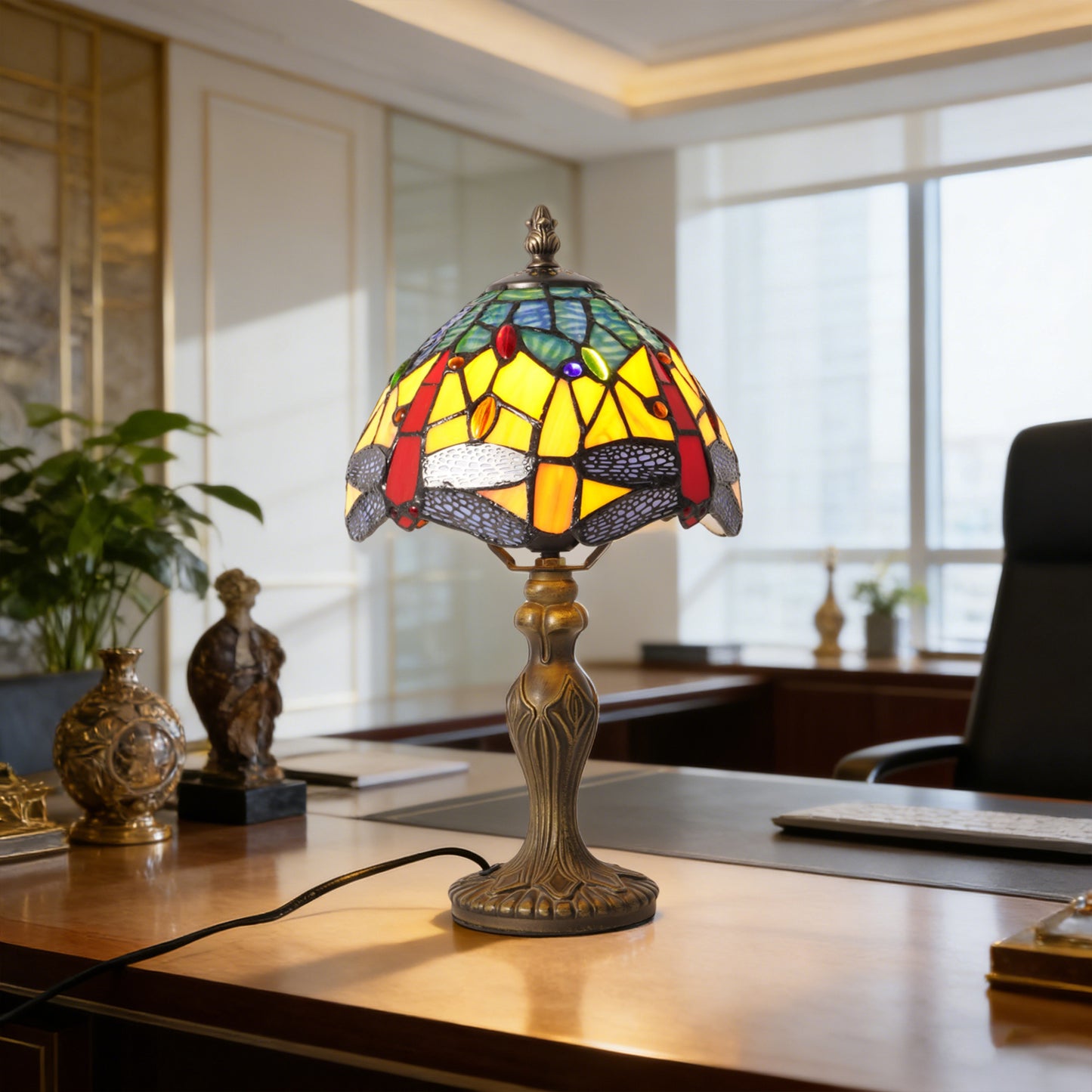 Vintage Tiffany Style Dragonfly Stained Glass Table Lamp - Yellow & Blue Art Glass Bedside Lamp with Bronze Base