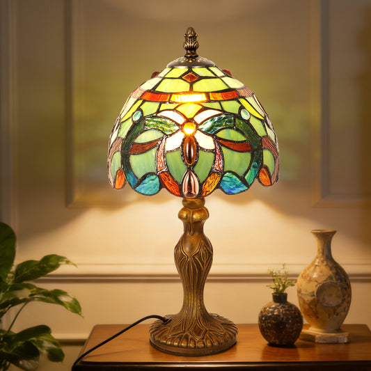 Vintage Tiffany Style Floral Stained Glass Table Lamp - Green Art Glass Bedside Lamp with Bronze Base