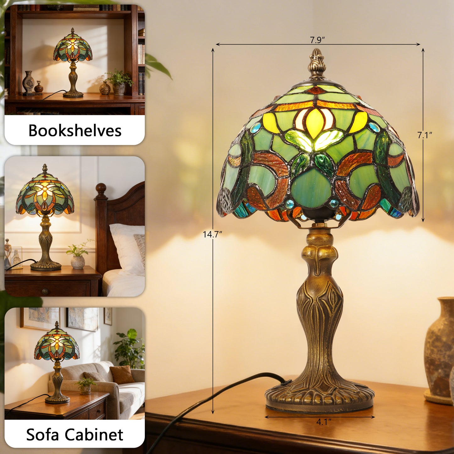 Vintage Tiffany Style Floral Stained Glass Table Lamp - Green Art Glass Bedside Lamp with Bronze Base