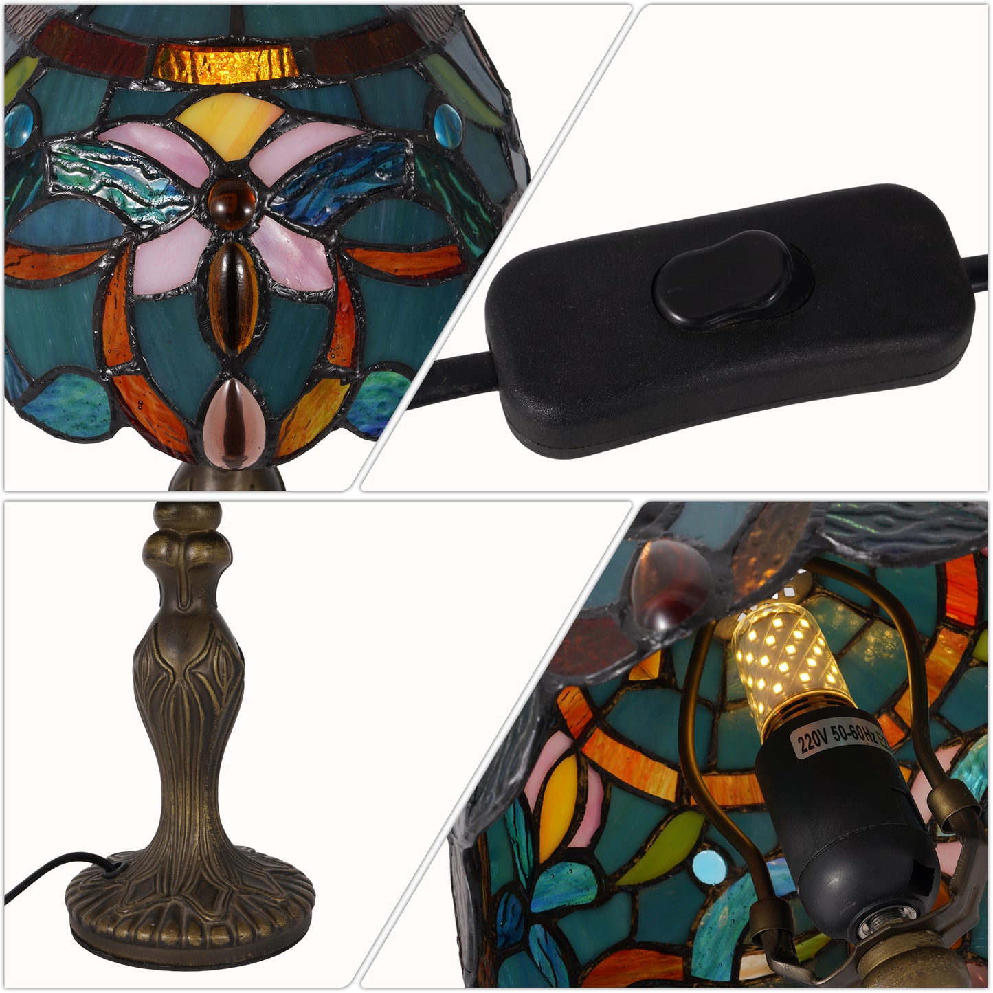 Vintage Tiffany Style Floral Stained Glass Table Lamp - Green Art Glass Bedside Lamp with Bronze Base