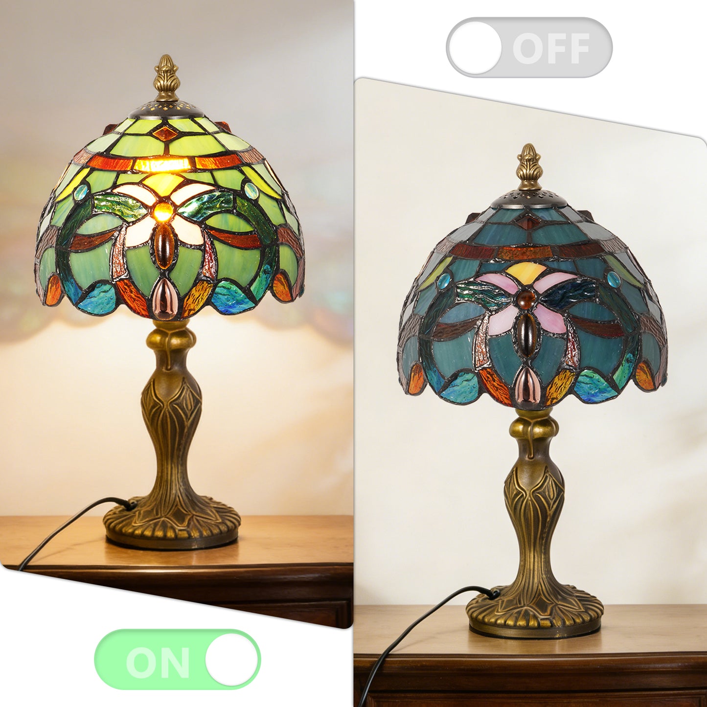 Vintage Tiffany Style Floral Stained Glass Table Lamp - Green Art Glass Bedside Lamp with Bronze Base