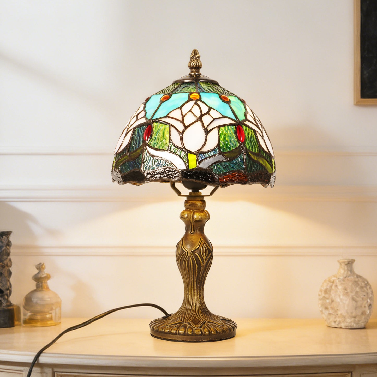Vintage Stained Glass Table Lamp - Lotus Pattern Tiffany Style Bedside Lamp