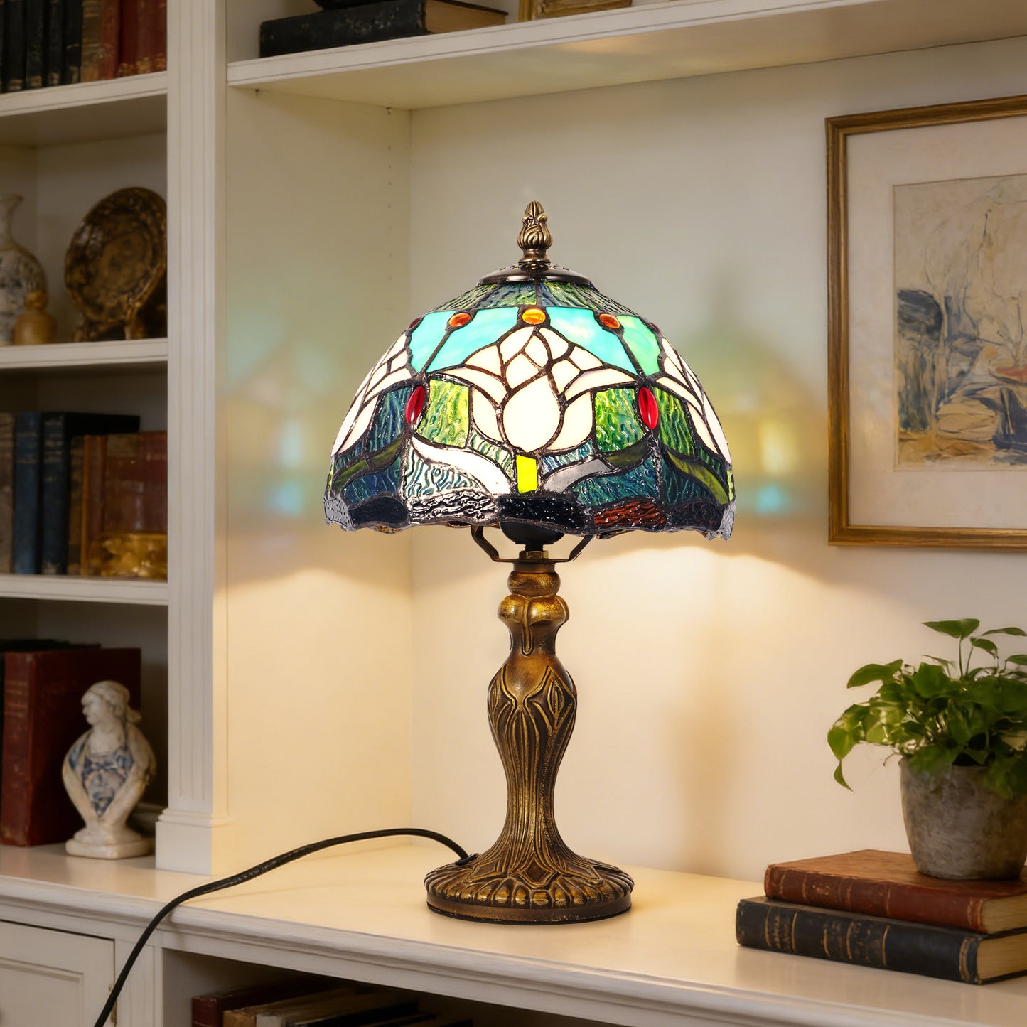 Vintage Stained Glass Table Lamp - Lotus Pattern Tiffany Style Bedside Lamp