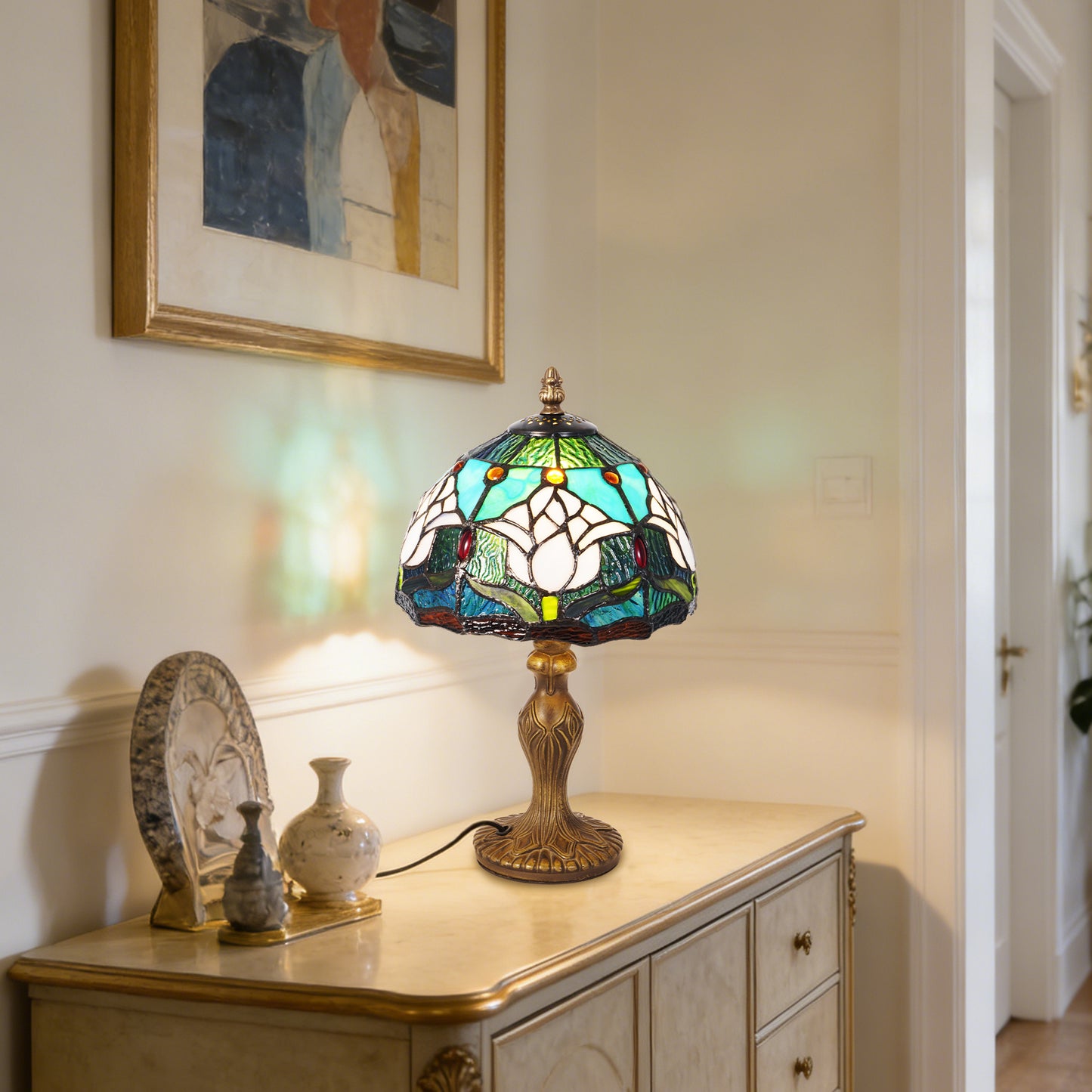 Vintage Stained Glass Table Lamp - Lotus Pattern Tiffany Style Bedside Lamp