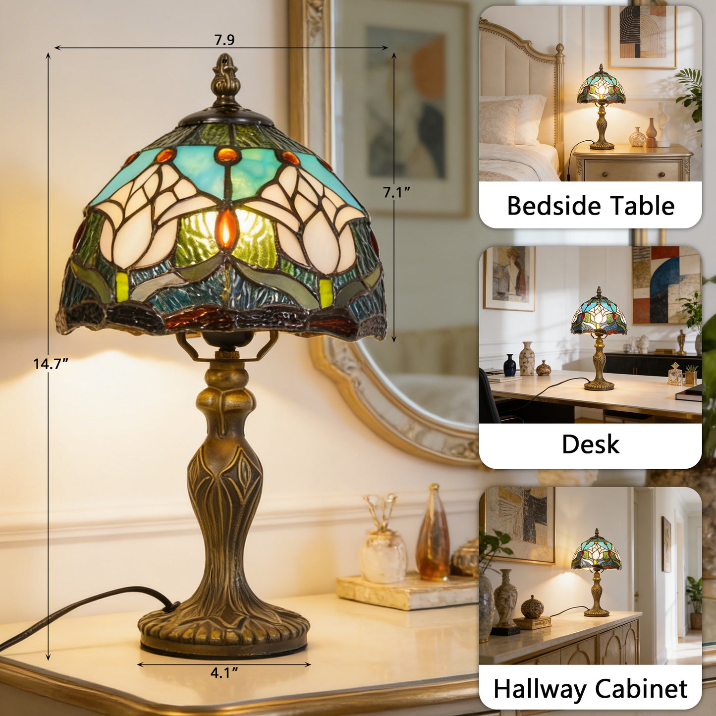 Vintage Stained Glass Table Lamp - Lotus Pattern Tiffany Style Bedside Lamp