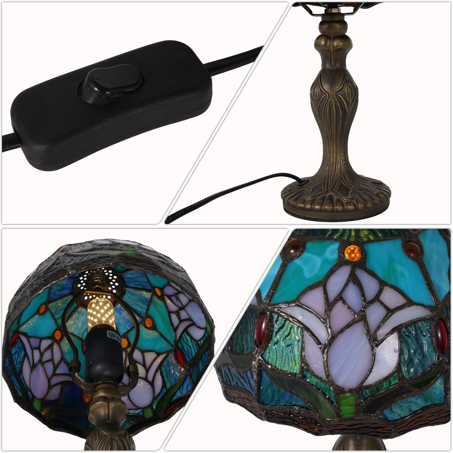 Vintage Stained Glass Table Lamp - Lotus Pattern Tiffany Style Bedside Lamp