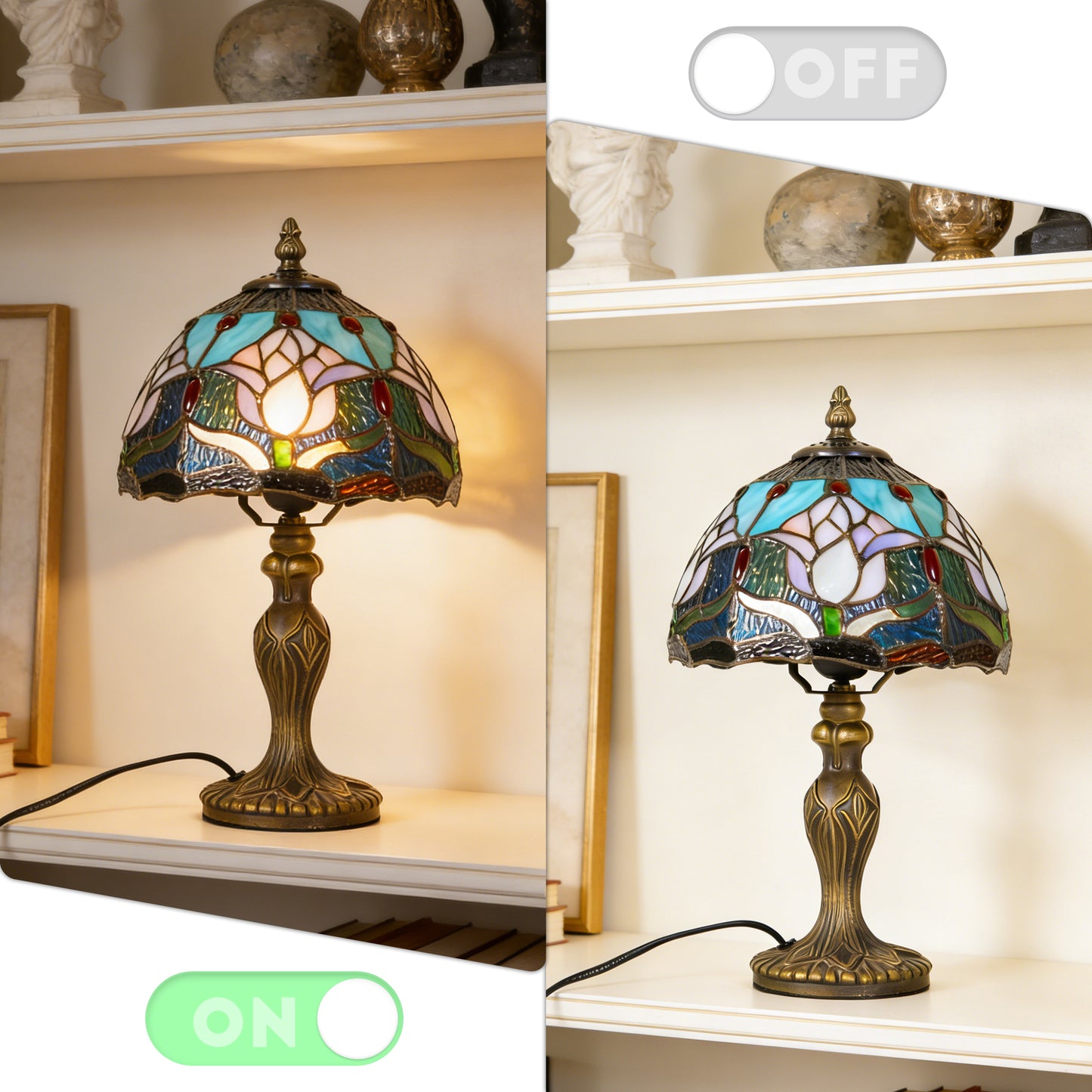 Vintage Stained Glass Table Lamp - Lotus Pattern Tiffany Style Bedside Lamp