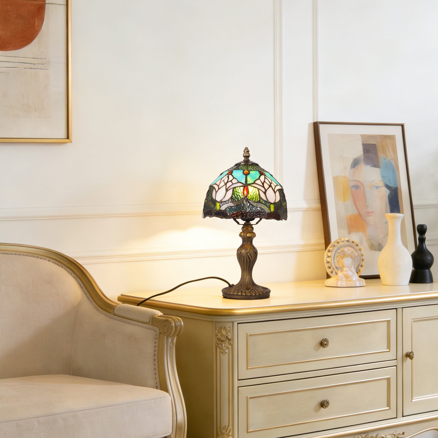 Vintage Stained Glass Table Lamp - Lotus Pattern Tiffany Style Bedside Lamp