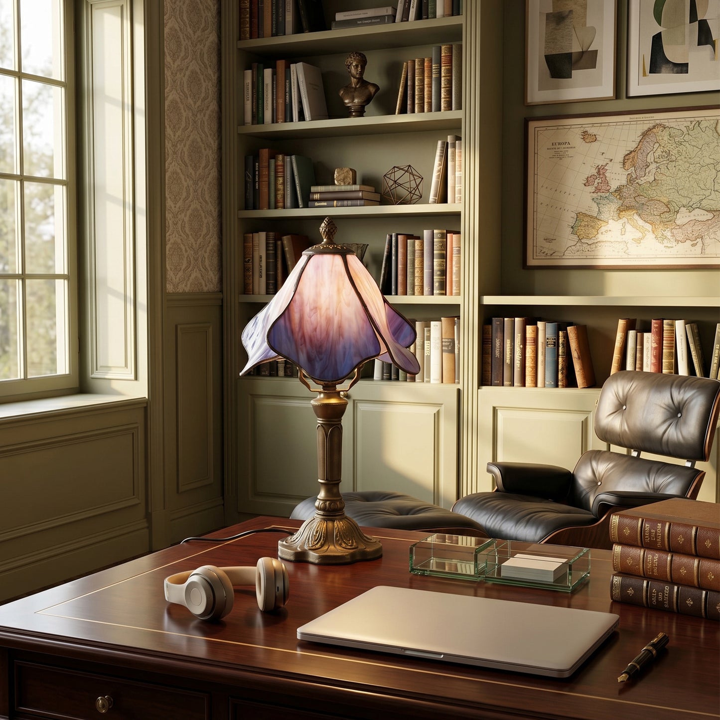 Stained Glass Table Lamp | Purple Vintage Bronze Desk Lamp with E26 Base
