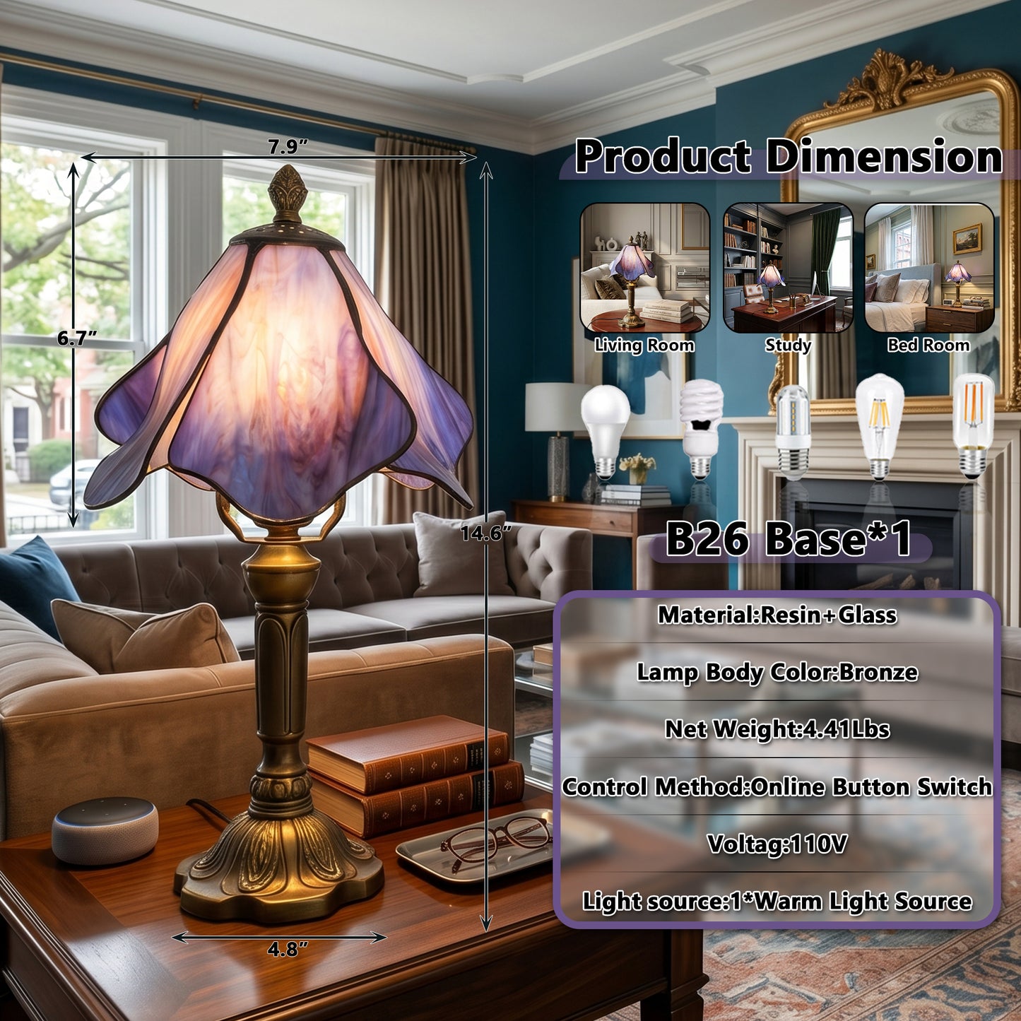 Stained Glass Table Lamp | Purple Vintage Bronze Desk Lamp with E26 Base