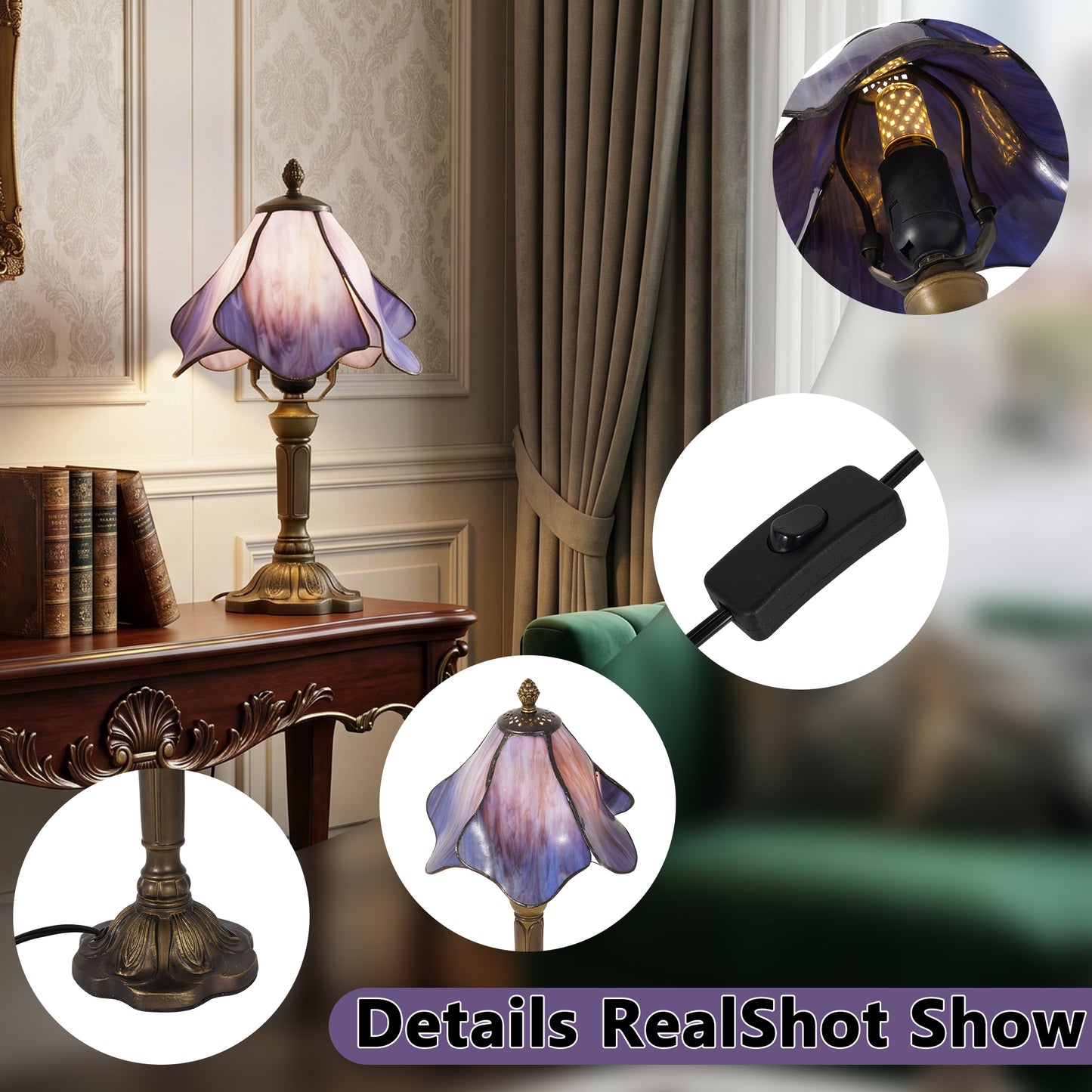 Stained Glass Table Lamp | Purple Vintage Bronze Desk Lamp with E26 Base