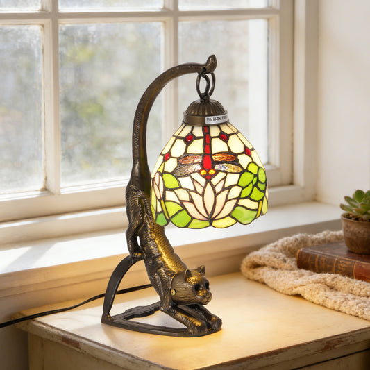 Vintage Tiffany Style Cat Sculpture Dragonfly & Lotus Stained Glass Table Lamp - Art Glass Accent Lamp