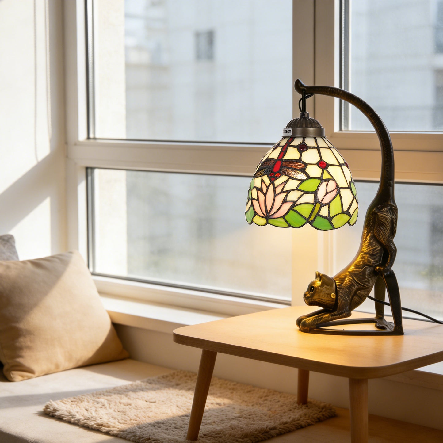 Vintage Tiffany Style Cat Sculpture Dragonfly & Lotus Stained Glass Table Lamp - Art Glass Accent Lamp