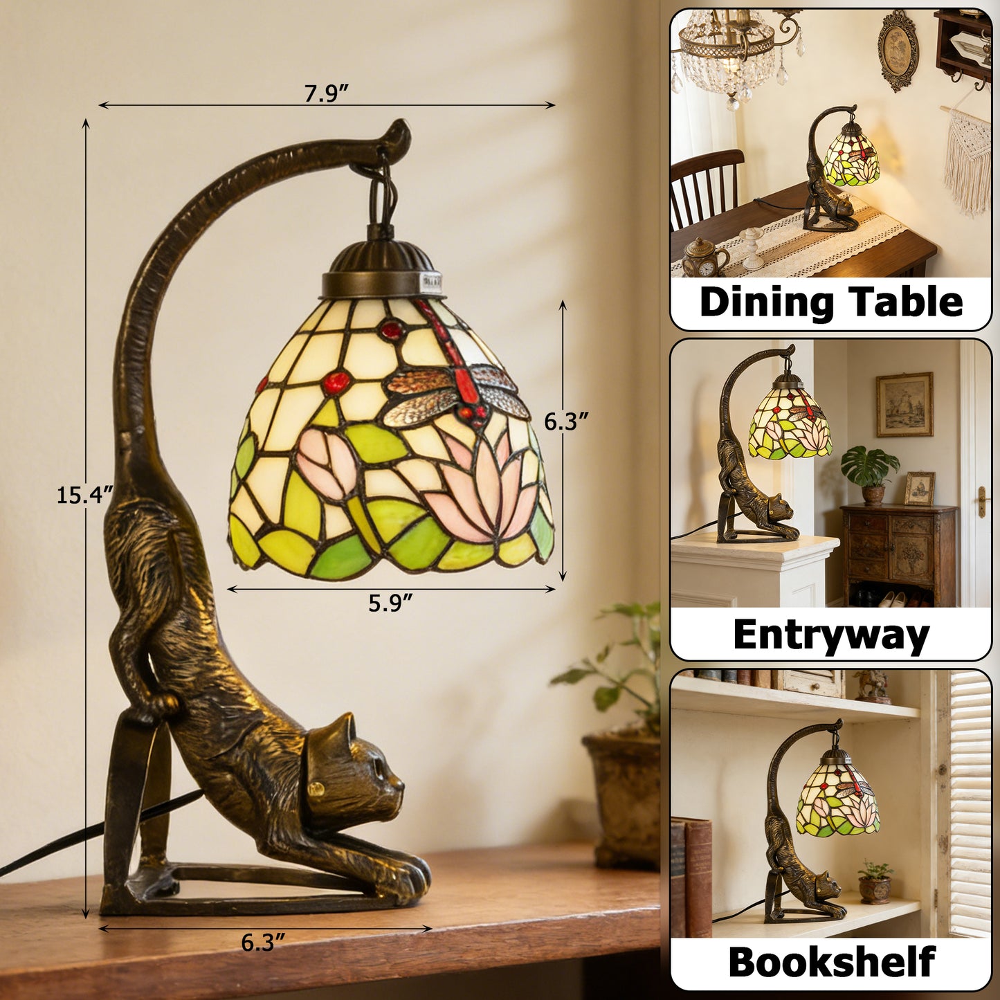 Vintage Tiffany Style Cat Sculpture Dragonfly & Lotus Stained Glass Table Lamp - Art Glass Accent Lamp
