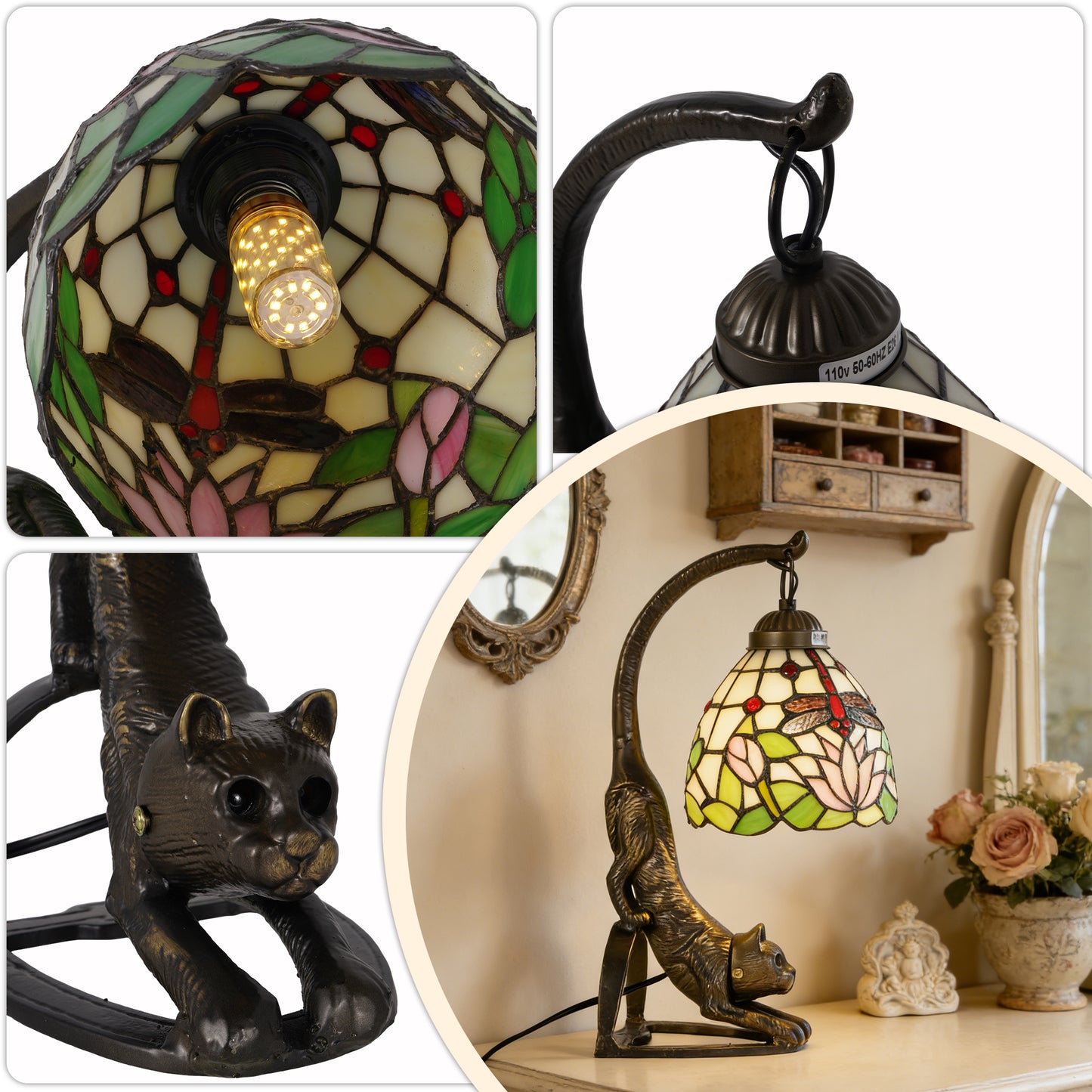 Vintage Tiffany Style Cat Sculpture Dragonfly & Lotus Stained Glass Table Lamp - Art Glass Accent Lamp