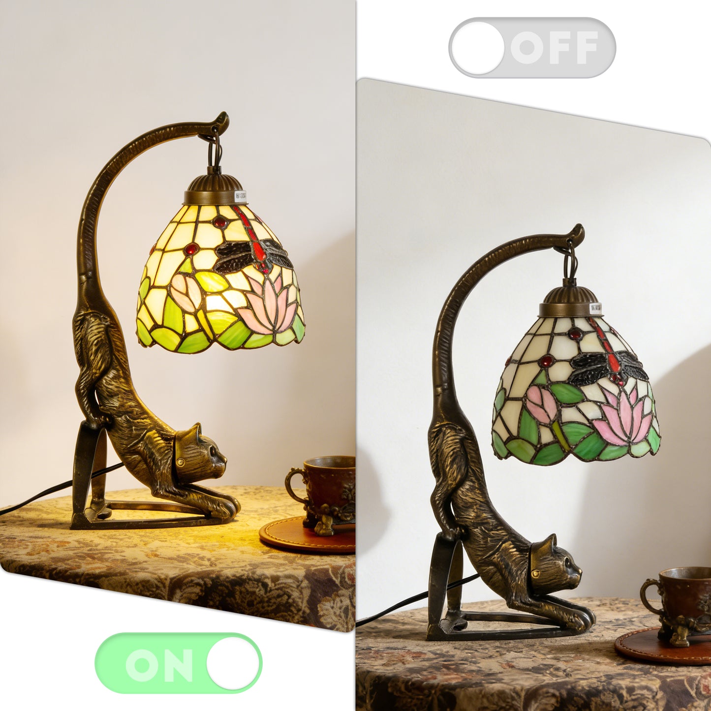 Vintage Tiffany Style Cat Sculpture Dragonfly & Lotus Stained Glass Table Lamp - Art Glass Accent Lamp