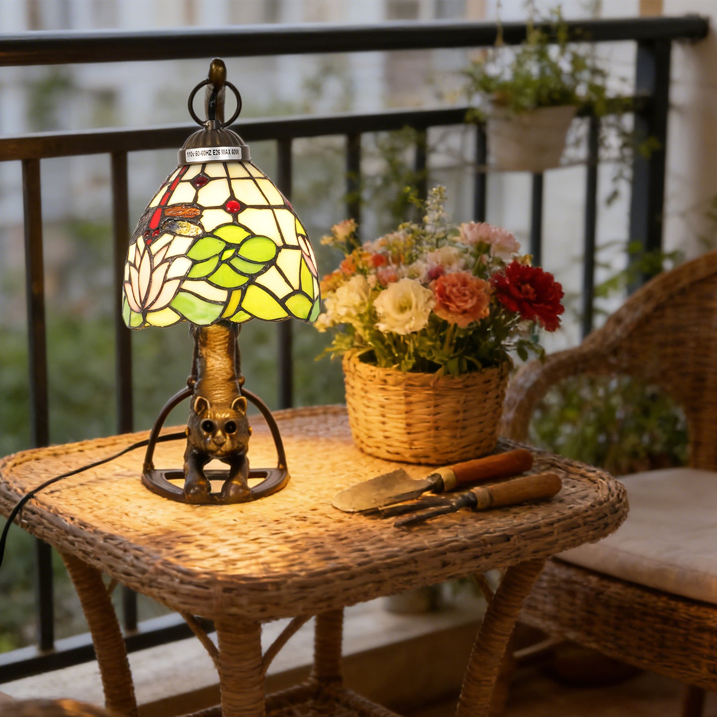 Vintage Tiffany Style Cat Sculpture Dragonfly & Lotus Stained Glass Table Lamp - Art Glass Accent Lamp