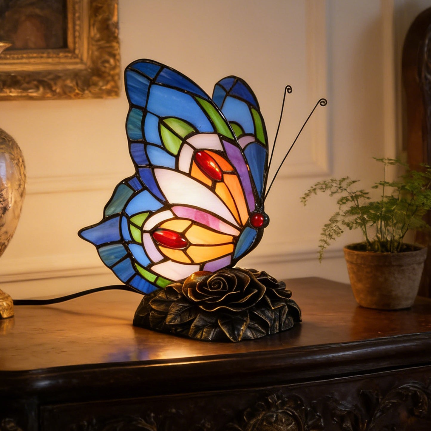 Vintage Stained Glass Butterfly Table Lamp - Tiffany Style Accent Lamp with Rose Metal Base