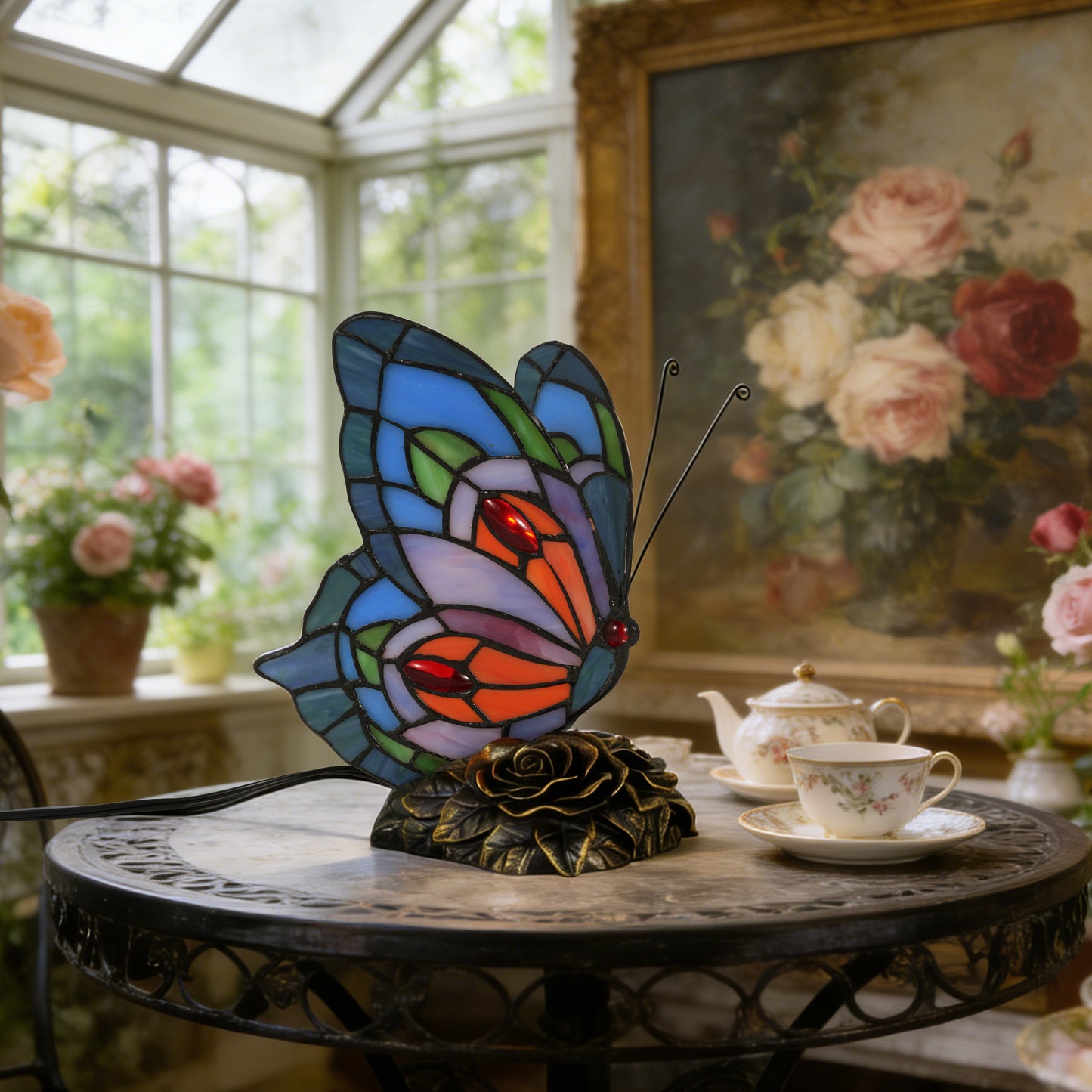 Vintage Stained Glass Butterfly Table Lamp - Tiffany Style Accent Lamp with Rose Metal Base