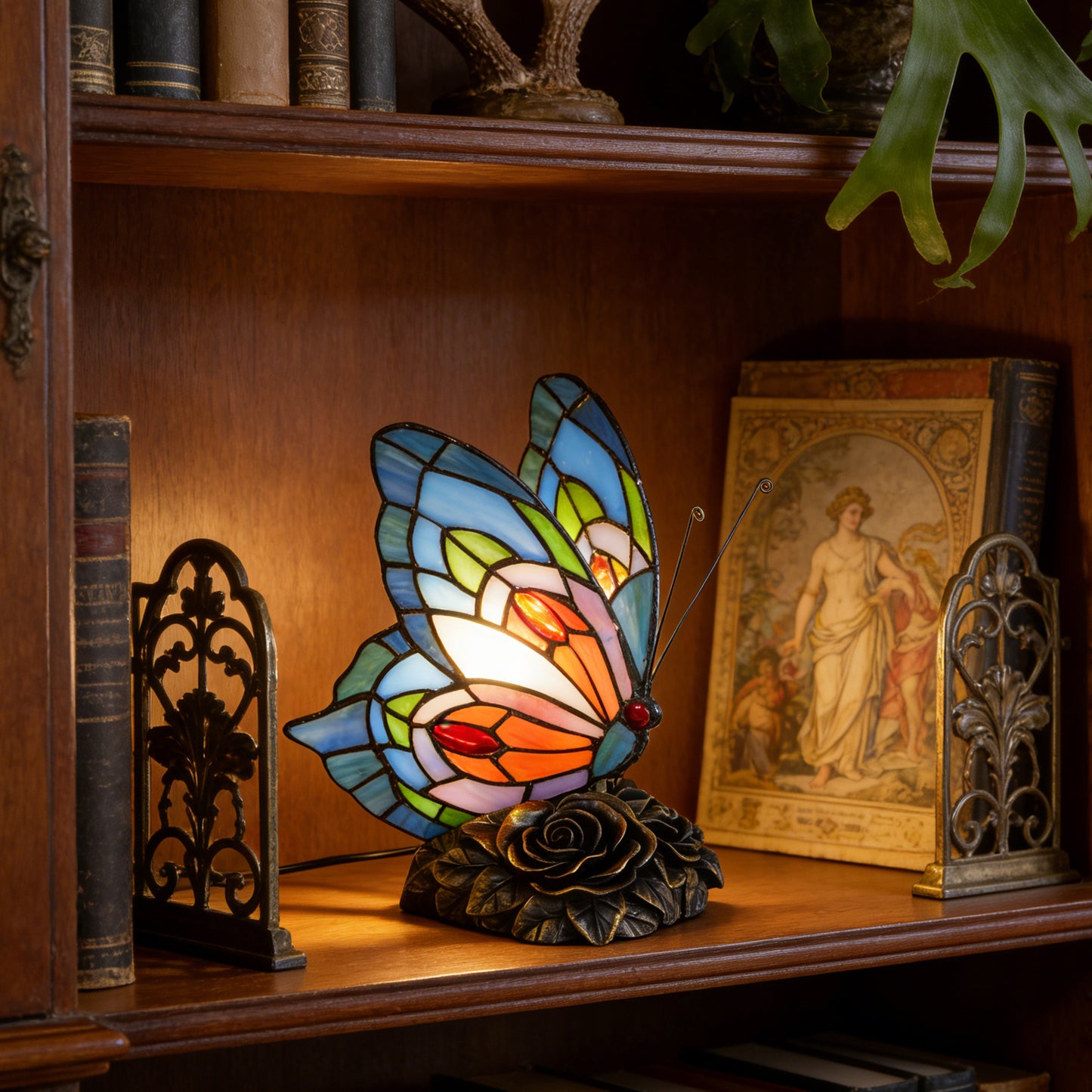 Vintage Stained Glass Butterfly Table Lamp - Tiffany Style Accent Lamp with Rose Metal Base