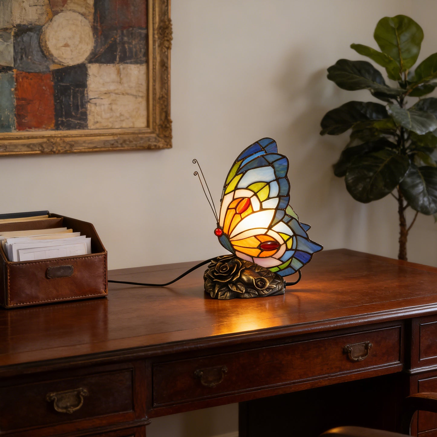 Vintage Stained Glass Butterfly Table Lamp - Tiffany Style Accent Lamp with Rose Metal Base