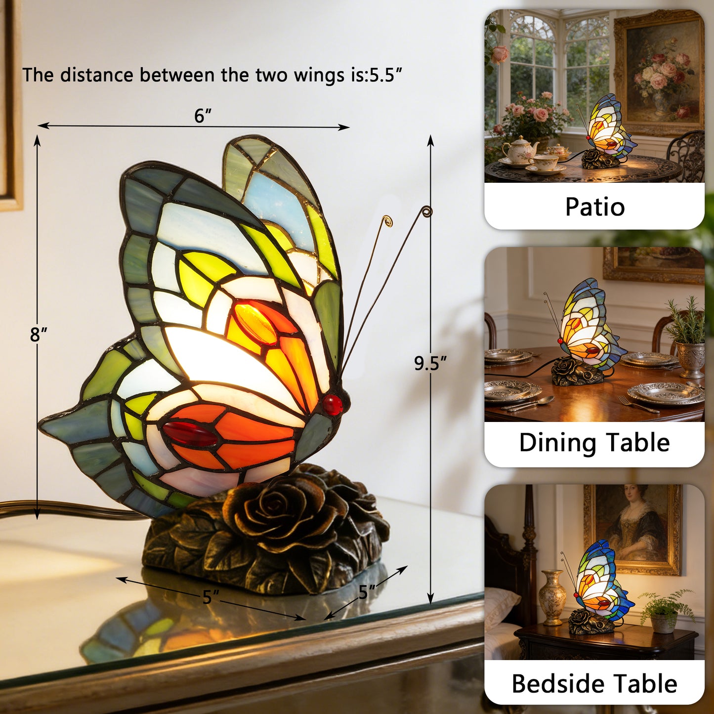Vintage Stained Glass Butterfly Table Lamp - Tiffany Style Accent Lamp with Rose Metal Base