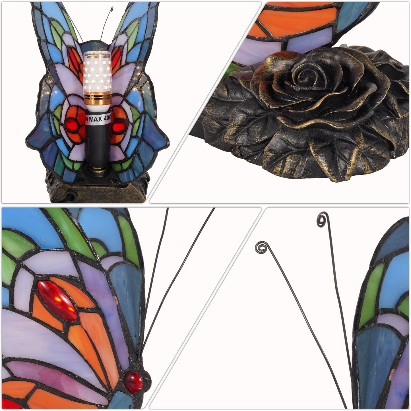 Vintage Stained Glass Butterfly Table Lamp - Tiffany Style Accent Lamp with Rose Metal Base
