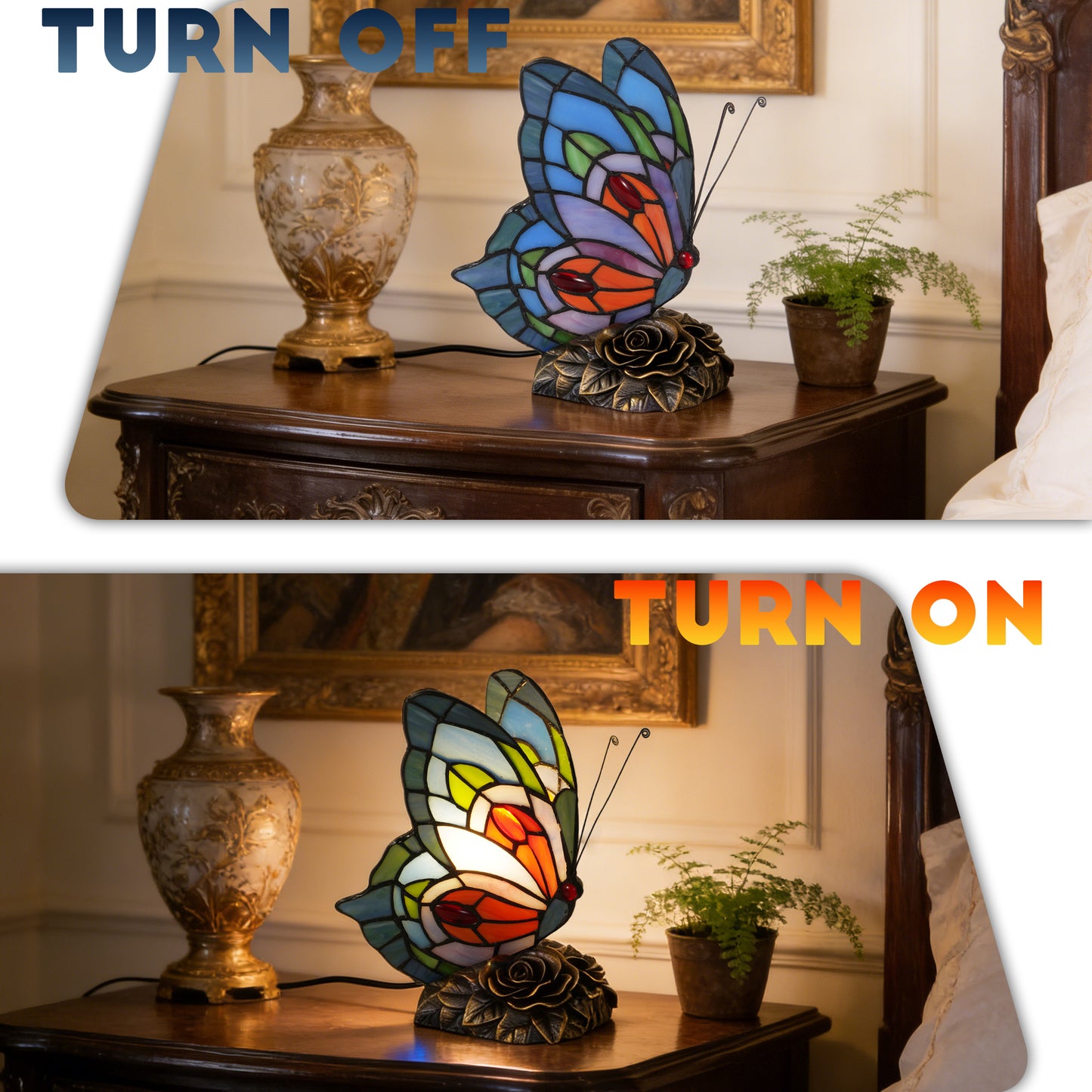 Vintage Stained Glass Butterfly Table Lamp - Tiffany Style Accent Lamp with Rose Metal Base