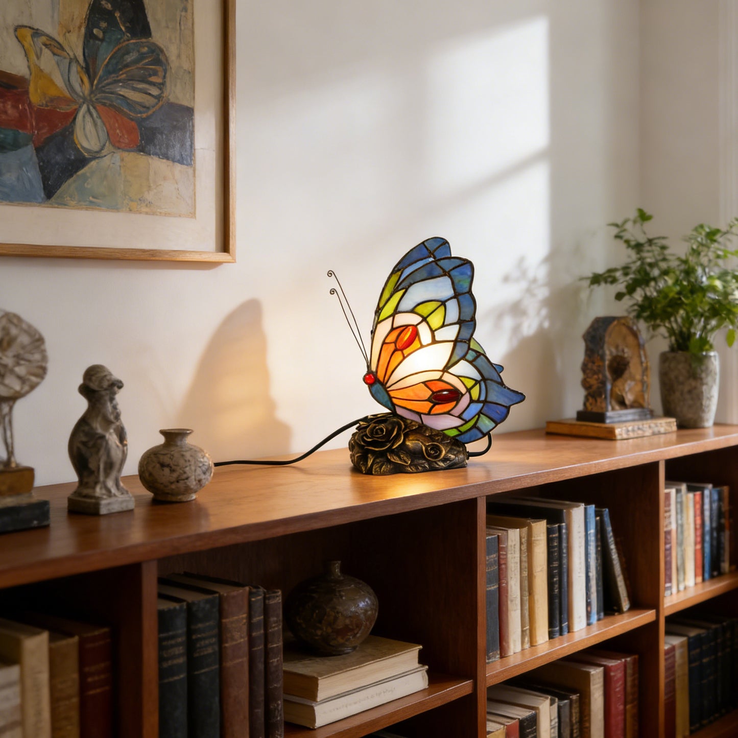 Vintage Stained Glass Butterfly Table Lamp - Tiffany Style Accent Lamp with Rose Metal Base