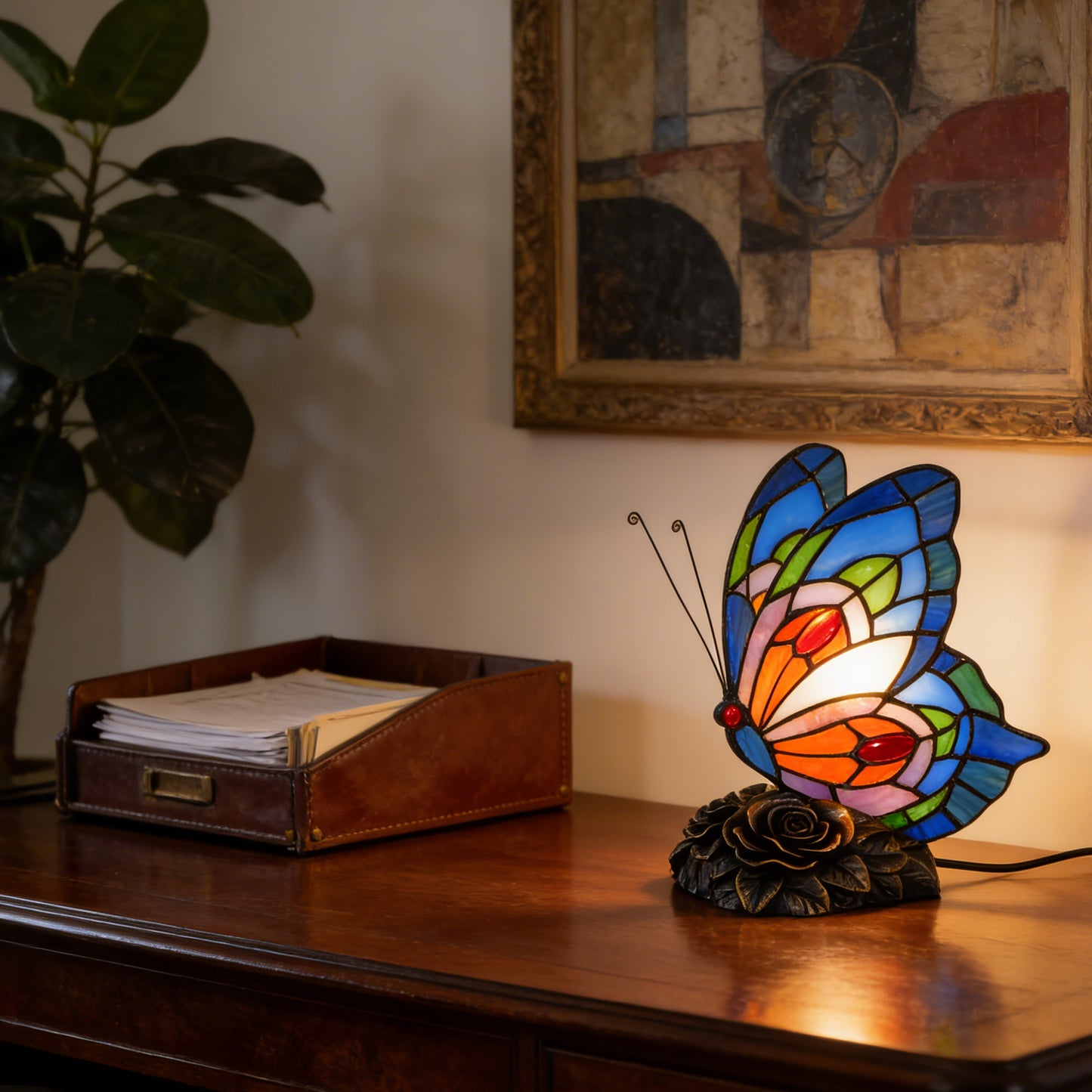 Vintage Stained Glass Butterfly Table Lamp - Tiffany Style Accent Lamp with Rose Metal Base