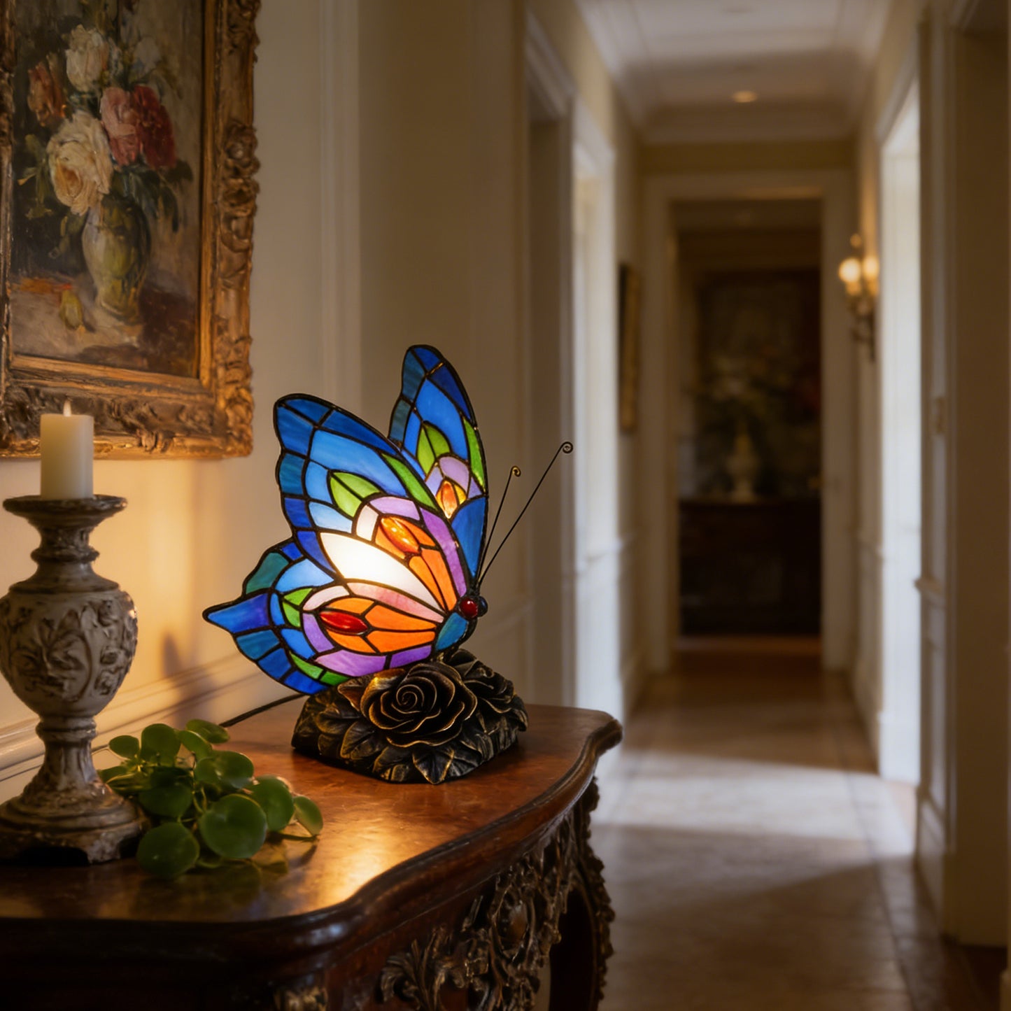 Vintage Stained Glass Butterfly Table Lamp - Tiffany Style Accent Lamp with Rose Metal Base