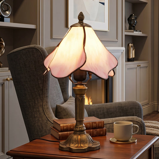 Pink Tiffany Style Stained Glass Table Lamp | Vintage Bronze Base Desk Lamp with E26 Base