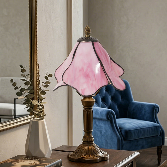 Pink Tiffany Style Stained Glass Table Lamp | Vintage Bronze Base Desk Lamp with E26 Base