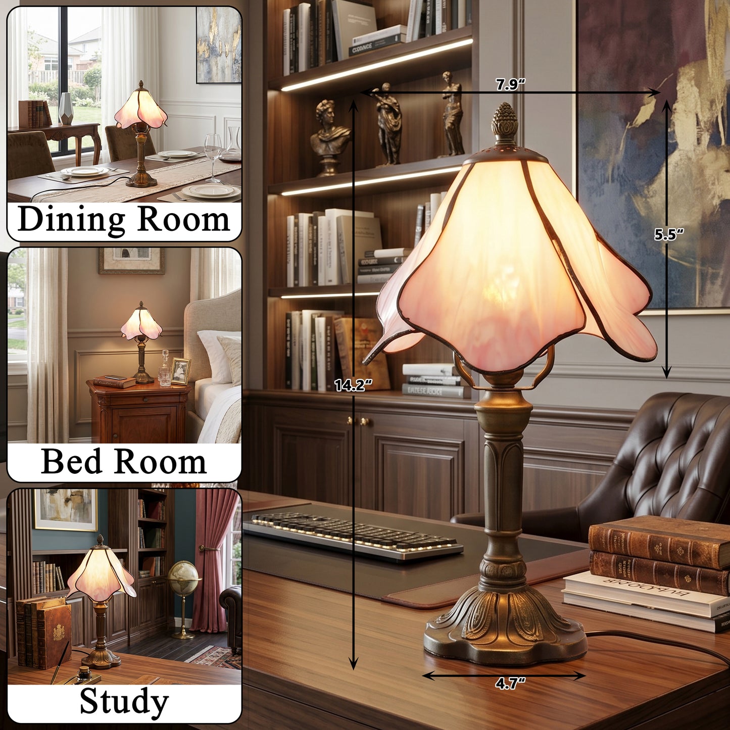 Pink Tiffany Style Stained Glass Table Lamp | Vintage Bronze Base Desk Lamp with E26 Base