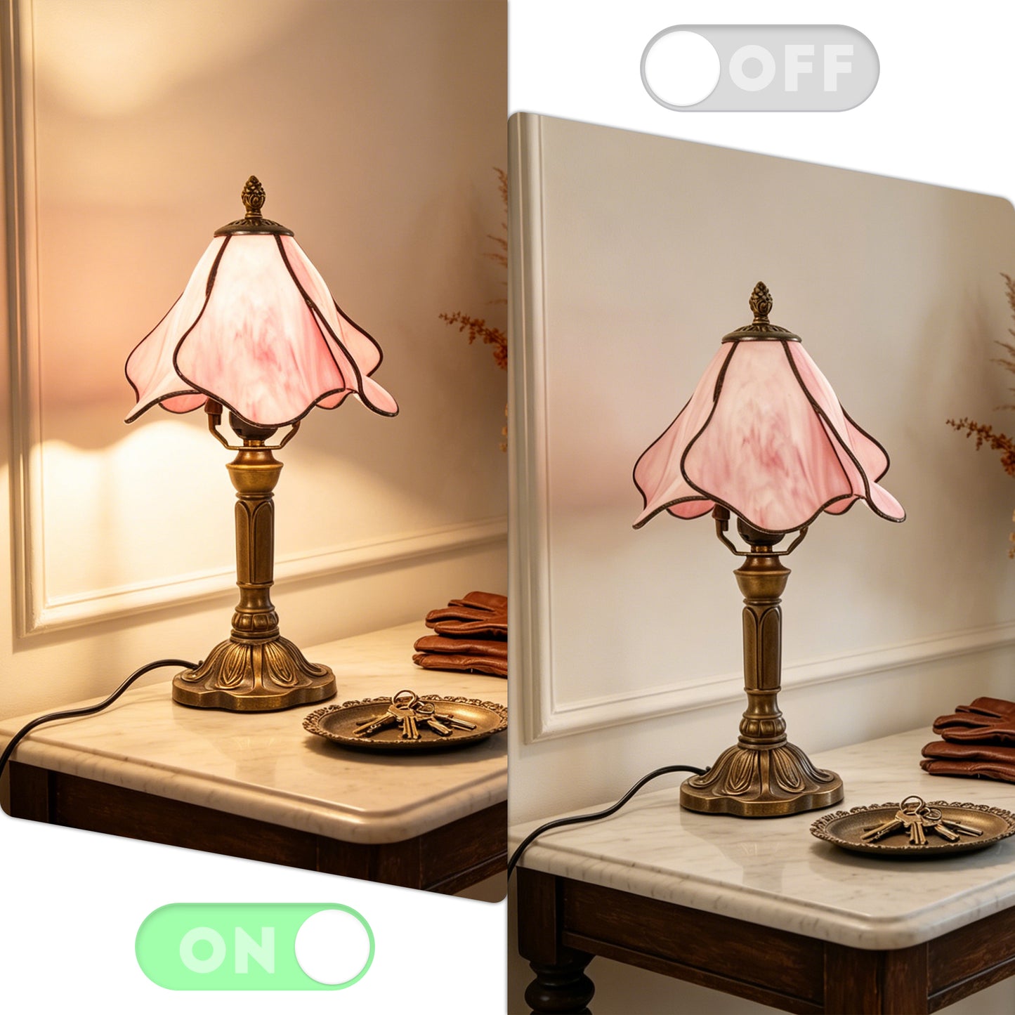 Pink Tiffany Style Stained Glass Table Lamp | Vintage Bronze Base Desk Lamp with E26 Base