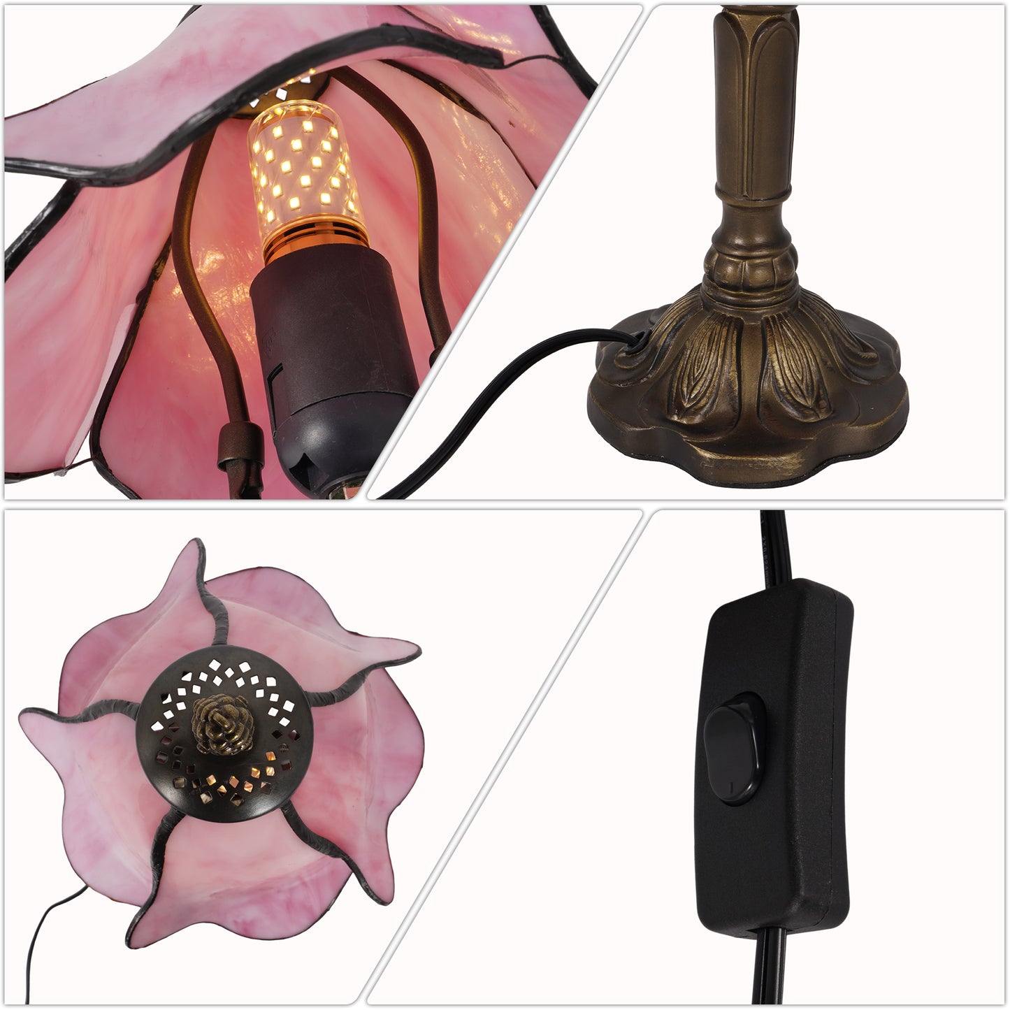 Pink Tiffany Style Stained Glass Table Lamp | Vintage Bronze Base Desk Lamp with E26 Base