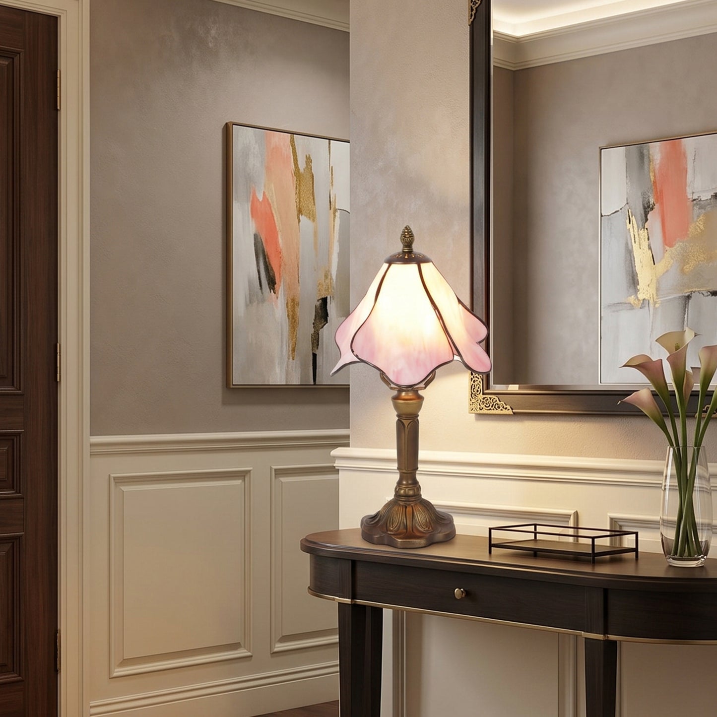 Pink Tiffany Style Stained Glass Table Lamp | Vintage Bronze Base Desk Lamp with E26 Base