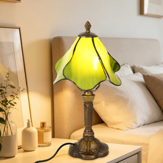 Green Tiffany Style Stained Glass Table Lamp | Vintage Bronze Base Desk Lamp with E26 Base
