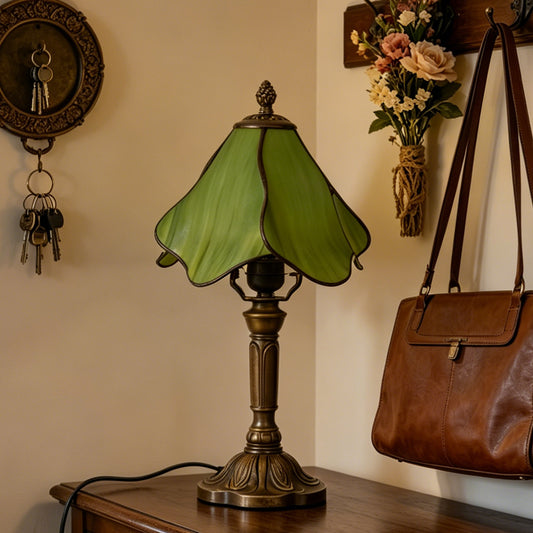 Green Tiffany Style Stained Glass Table Lamp | Vintage Bronze Base Desk Lamp with E26 Base