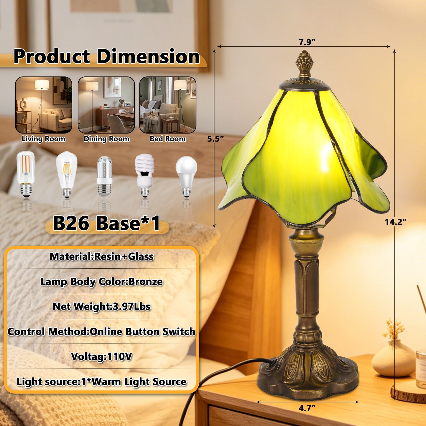 Green Tiffany Style Stained Glass Table Lamp | Vintage Bronze Base Desk Lamp with E26 Base