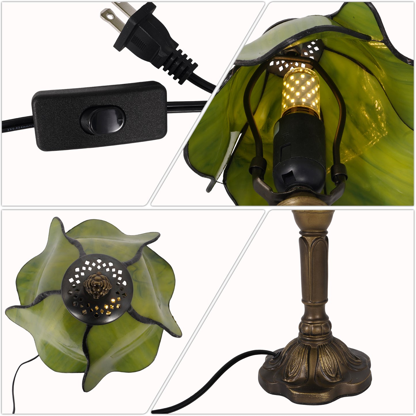 Green Tiffany Style Stained Glass Table Lamp | Vintage Bronze Base Desk Lamp with E26 Base