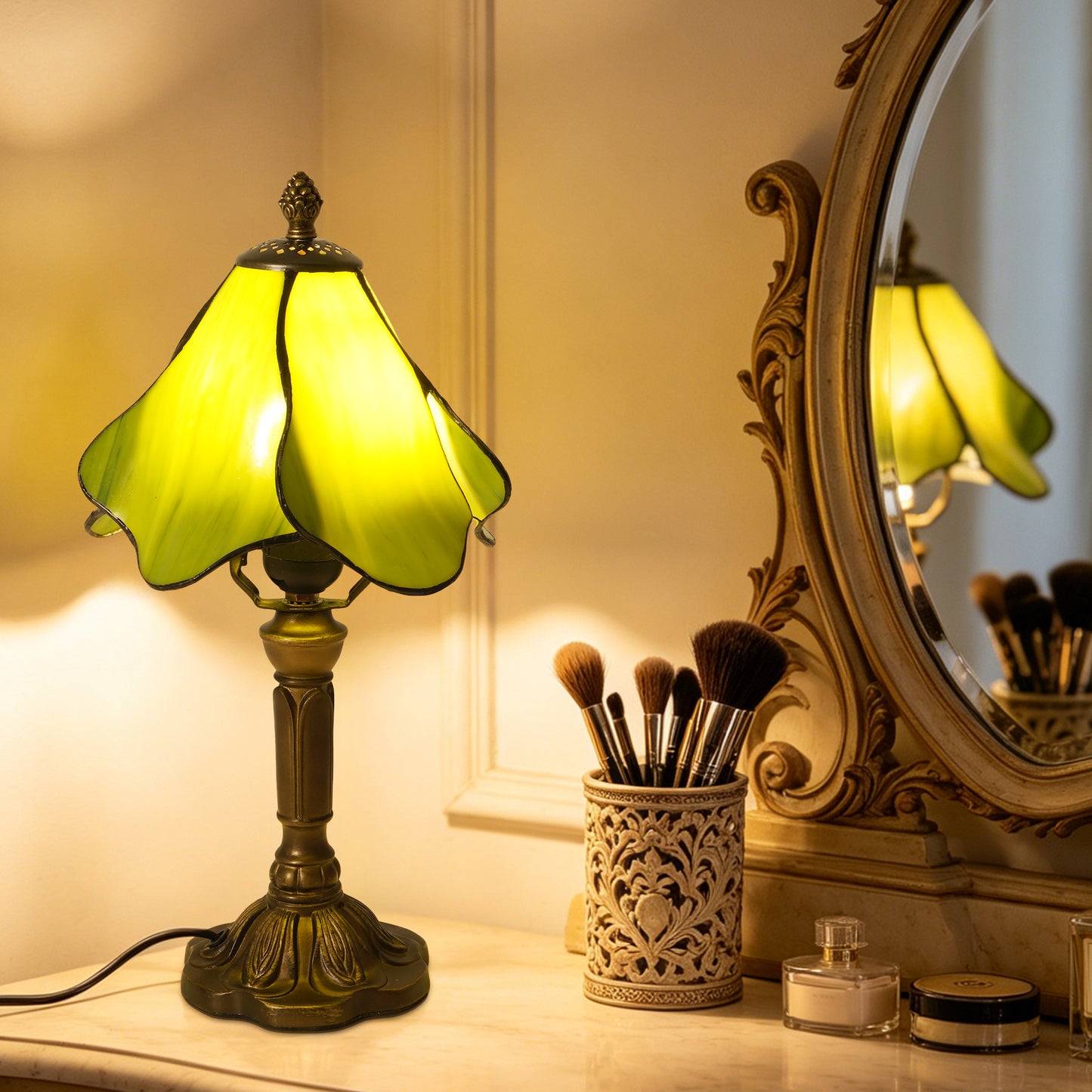 Green Tiffany Style Stained Glass Table Lamp | Vintage Bronze Base Desk Lamp with E26 Base